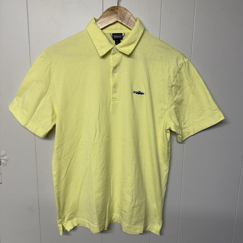 Patagonia Trout Fitz Roy Polo Shirt 100% Organic Cotton Yellow Men Small EUC